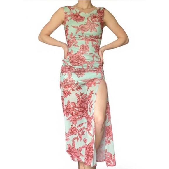 Here Comes The Sun Dresses & Skirts - Mint Green and Pink Form-fitting Floral Maxi Dress with Leg Slit size M